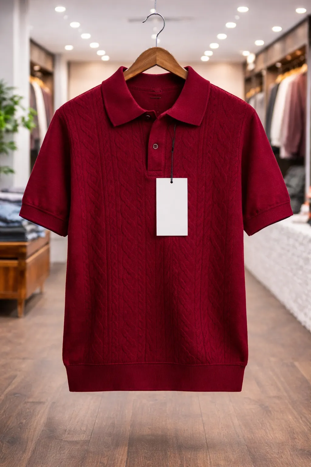 Men's Burgundy Cable-Knit Polo Shirt